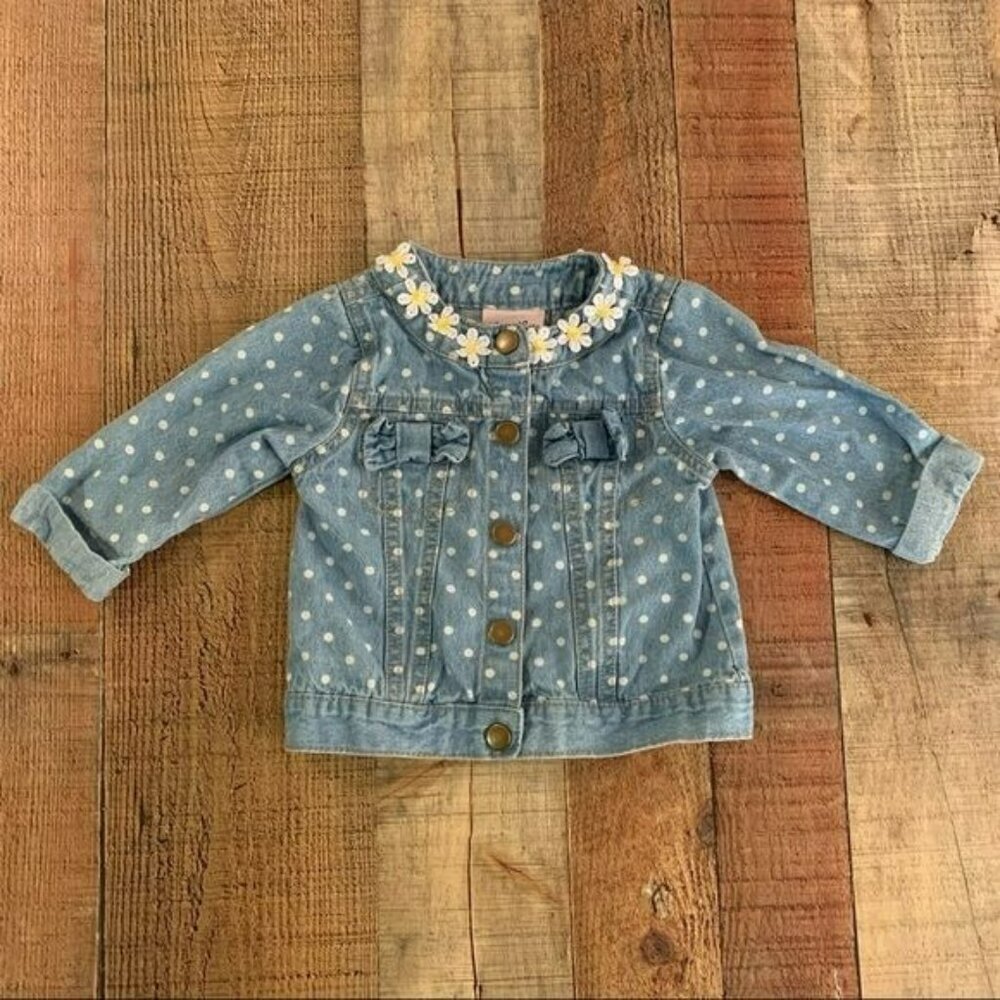 Little lass baby girls blue denim jacket white polka dots and embroidered daisy